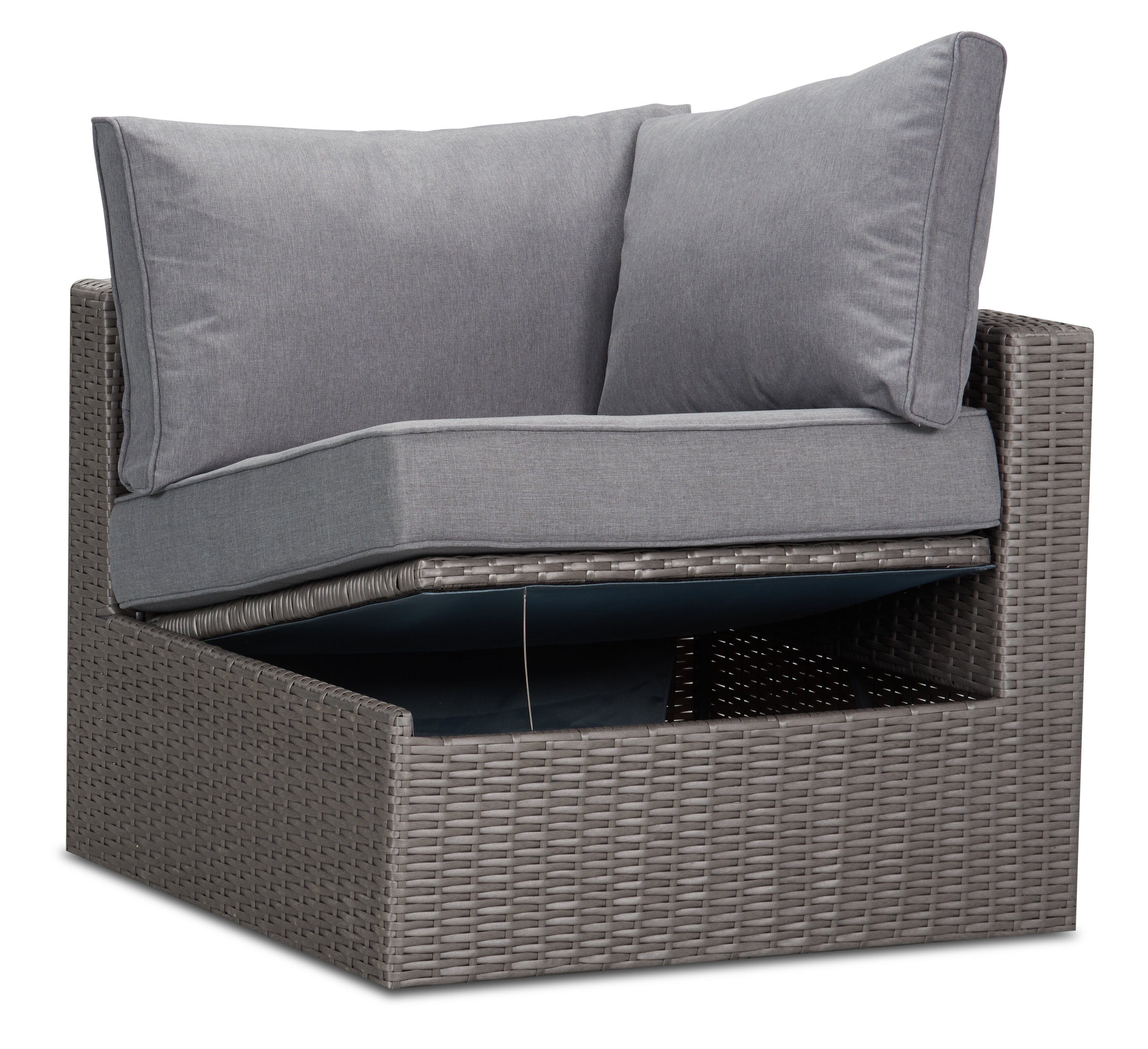 Morris Corner Outdoor Patio Storage Chair - Hand-Woven Resin Wicker, Olefin Fabric, UV & Weather Resistant - Grey|Fauteuil en coin Morris pour la terrasse avec rangement|MORRGSCS