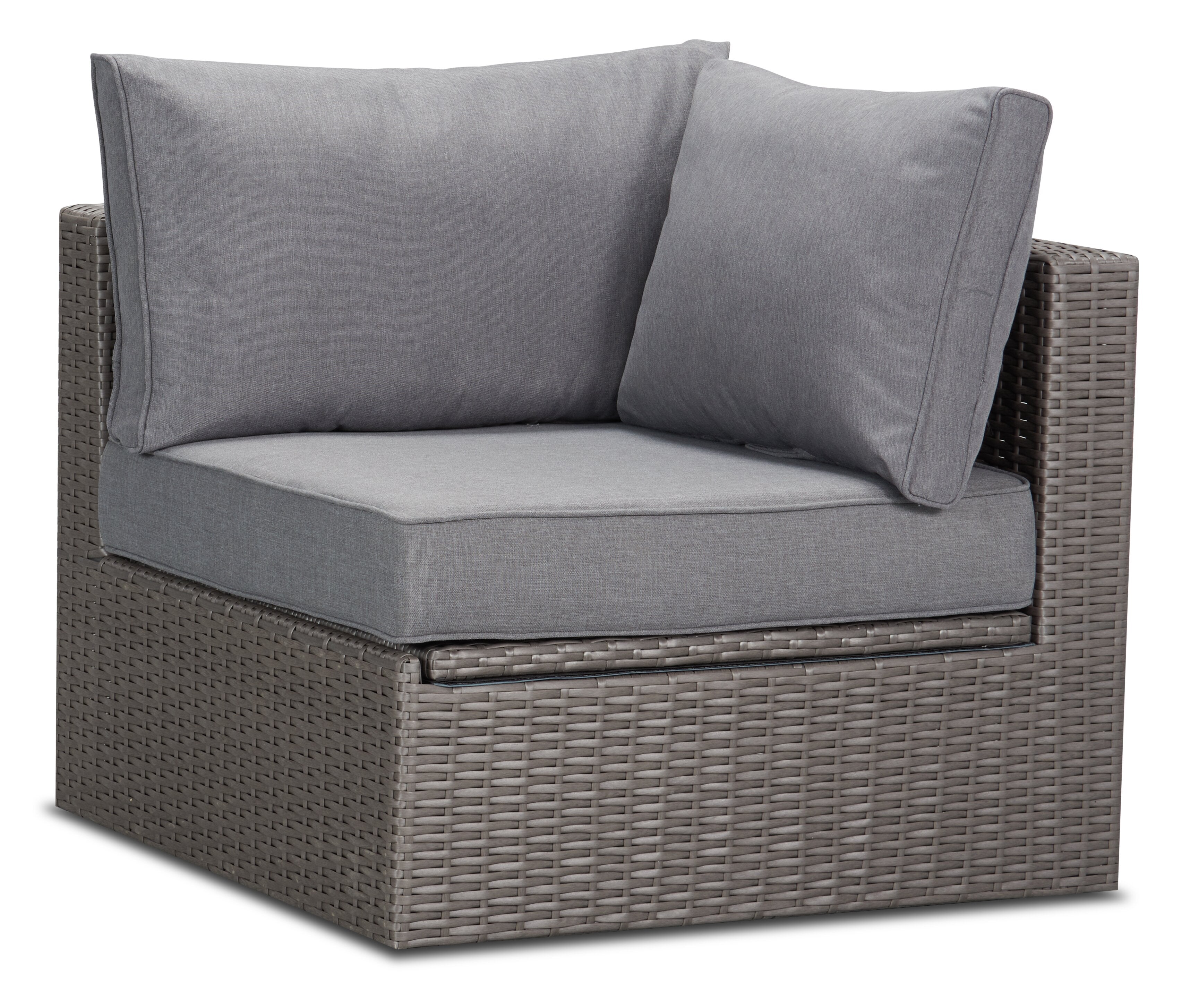 Morris Corner Outdoor Patio Storage Chair - Hand-Woven Resin Wicker, Olefin Fabric, UV & Weather Resistant - Grey|Fauteuil en coin Morris pour la terrasse avec rangement|MORRGSCS