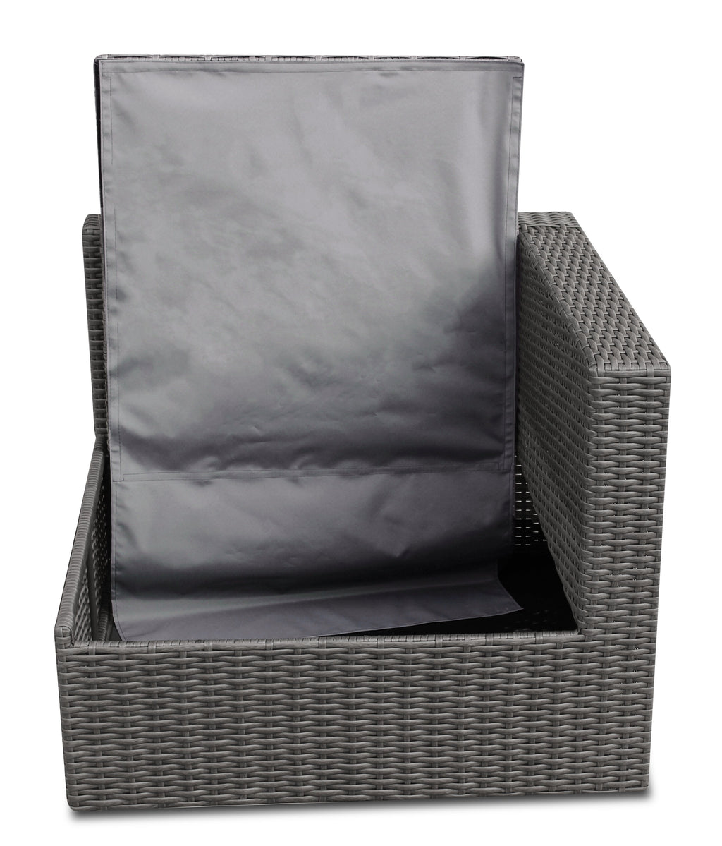 Morris Corner Outdoor Patio Storage Chair - Hand-Woven Resin Wicker, Olefin Fabric, UV & Weather Resistant - Grey|Fauteuil en coin Morris pour la terrasse avec rangement|MORRGSCS