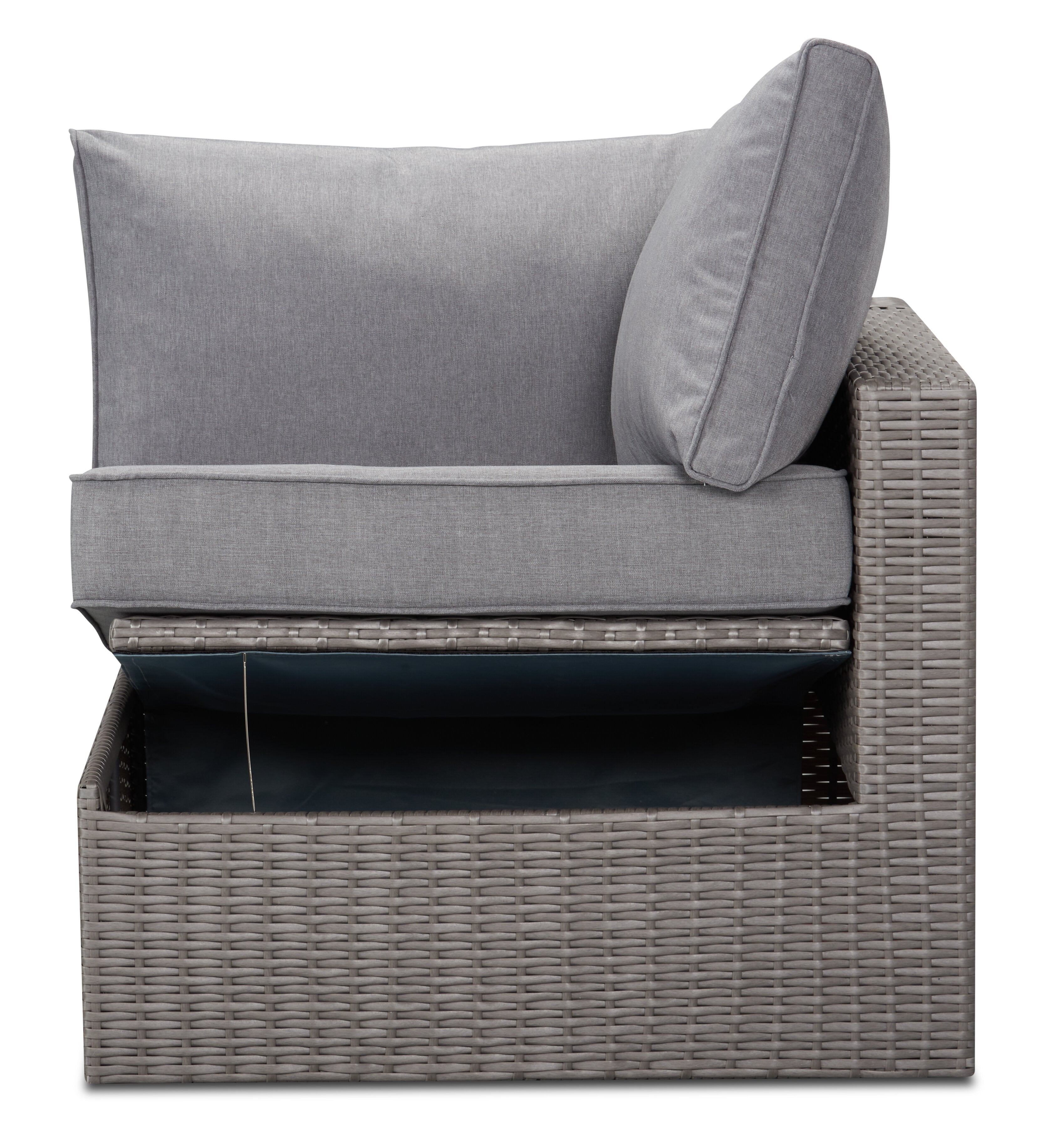 Morris Corner Outdoor Patio Storage Chair - Hand-Woven Resin Wicker, Olefin Fabric, UV & Weather Resistant - Grey|Fauteuil en coin Morris pour la terrasse avec rangement|MORRGSCS