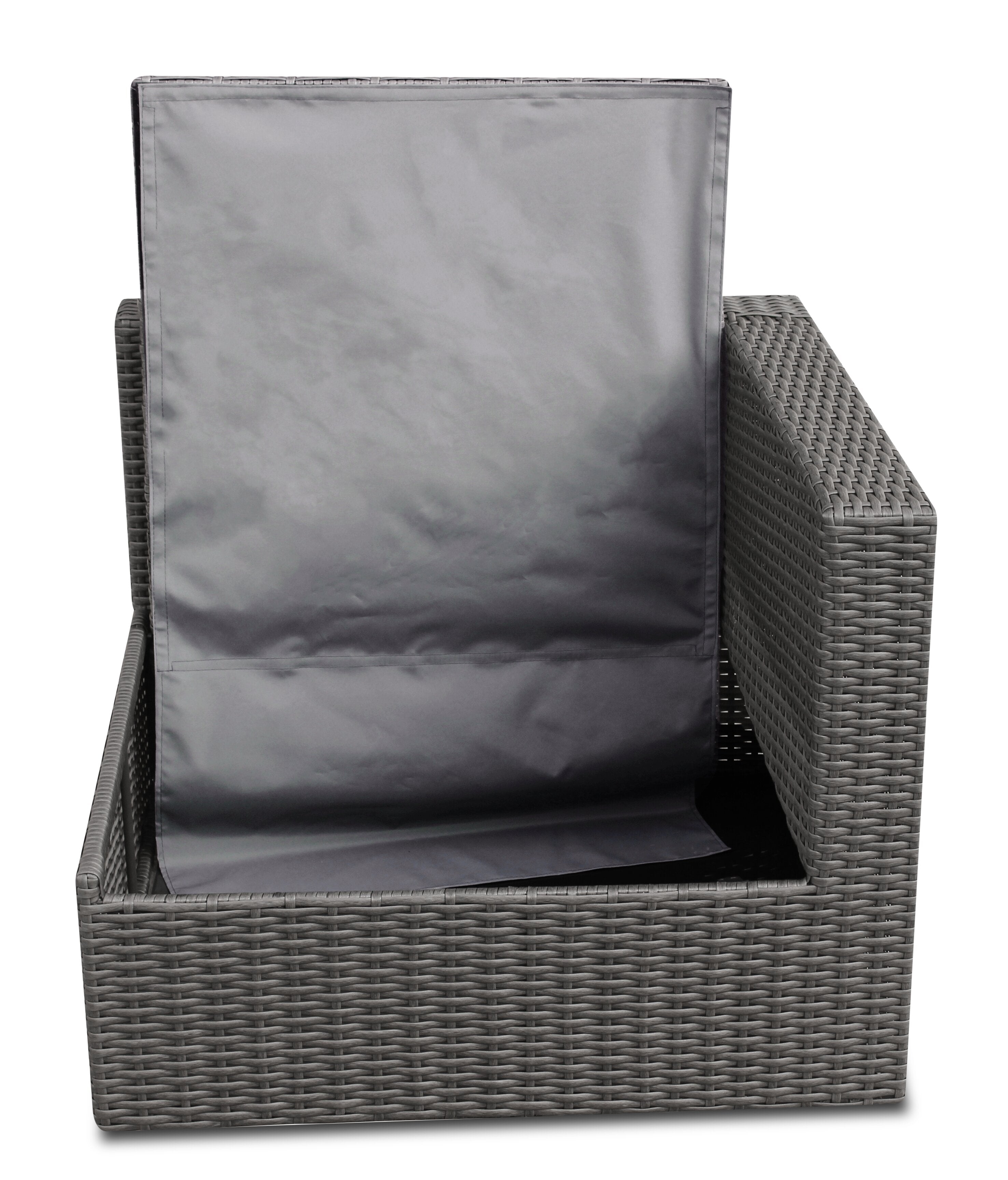 Morris 5-Piece Outdoor Patio Storage Set with 3 Corner Chairs & 2 Armless Chairs - Hand-Woven Resin Wicker, Olefin Fabric, UV & Weather Resistant - Grey|Ensemble Morris 5 pièces pour la terrasse avec rangement|MORRGSP5