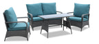 Nassau 4-Piece Outdoor Patio Set with Loveseat, 2 Chairs & Glass Top Coffee Table - Hand-Woven Resin Wicker, Olefin Fabric, UV & Weather Resistant - Blue | Ensemble de conversation Nassau 4 pièces - bleu | NA2A4SET
