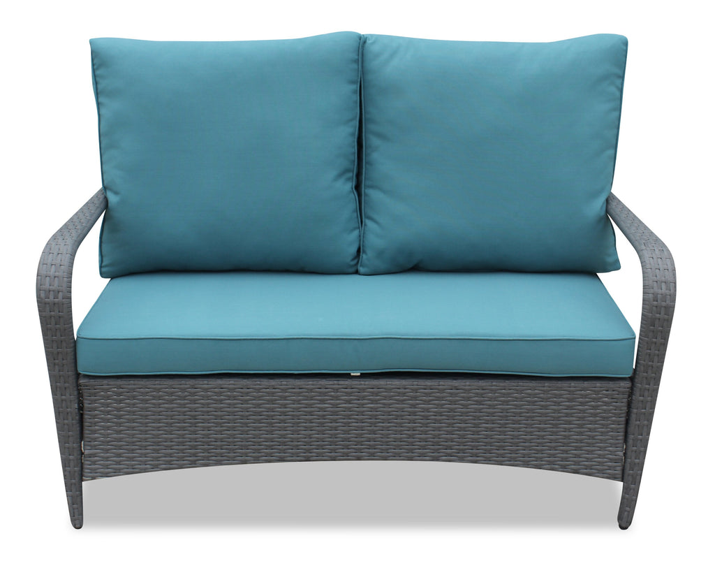 Nassau 4-Piece Outdoor Patio Set with Loveseat, 2 Chairs & Glass Top Coffee Table - Hand-Woven Resin Wicker, Olefin Fabric, UV & Weather Resistant - Blue | Ensemble de conversation Nassau 4 pièces - bleu | NA2A4SET