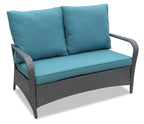 Nassau 4-Piece Outdoor Patio Set with Loveseat, 2 Chairs & Glass Top Coffee Table - Hand-Woven Resin Wicker, Olefin Fabric, UV & Weather Resistant - Blue | Ensemble de conversation Nassau 4 pièces - bleu | NA2A4SET