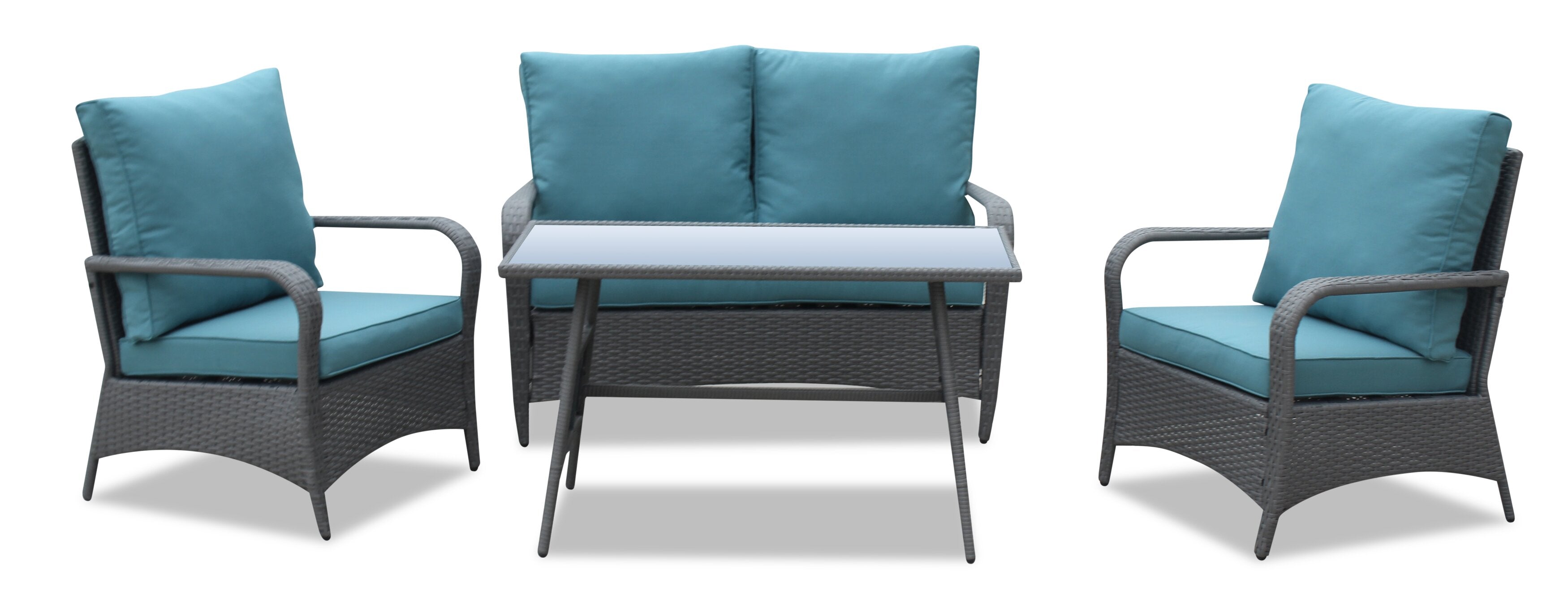 Nassau 4-Piece Outdoor Patio Set with Loveseat, 2 Chairs & Glass Top Coffee Table - Hand-Woven Resin Wicker, Olefin Fabric, UV & Weather Resistant - Blue | Ensemble de conversation Nassau 4 pièces - bleu | NA2A4SET