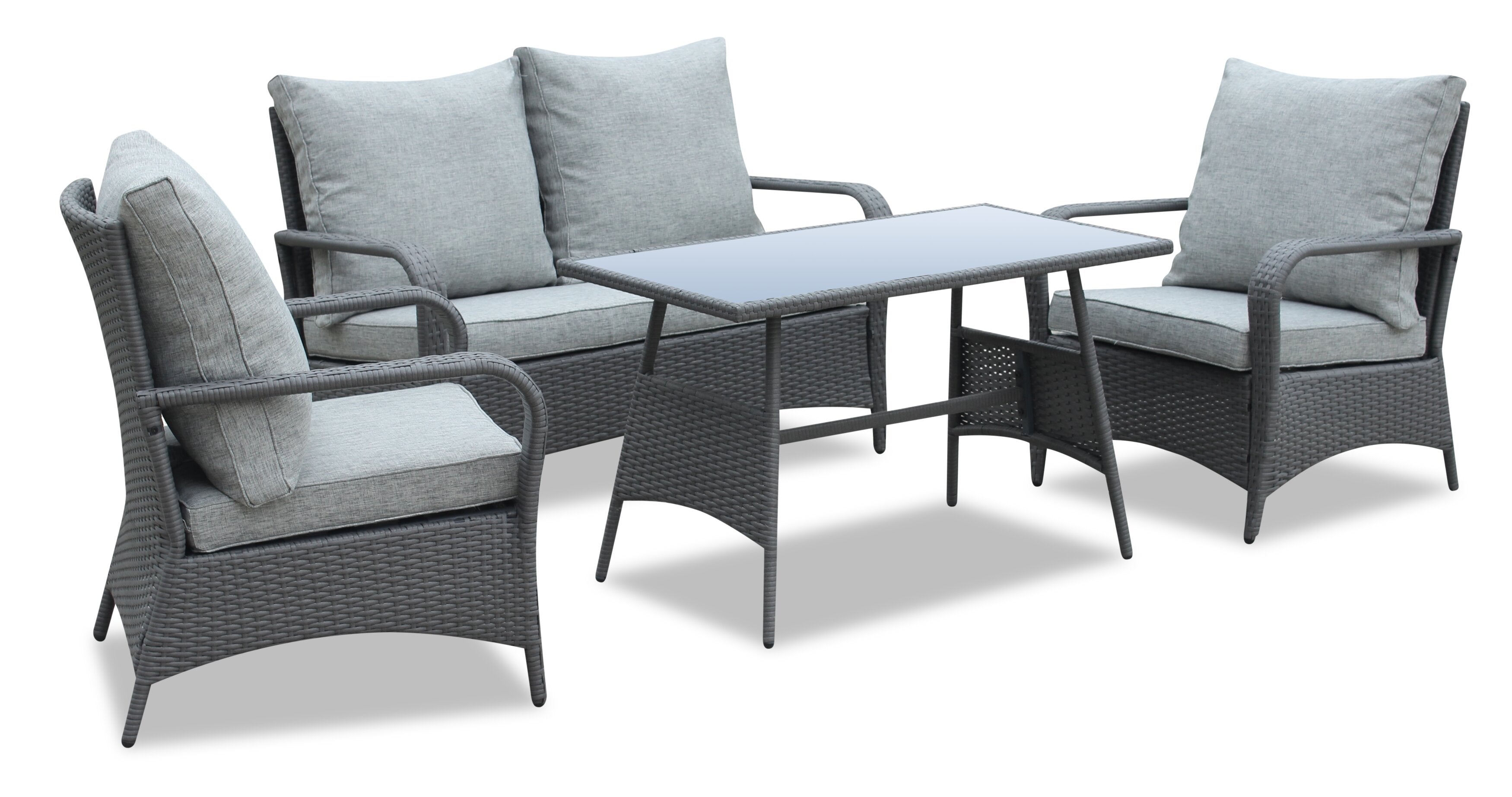 Nassau 4-Piece Outdoor Patio Set with Loveseat, 2 Chairs & Glass Top Coffee Table - Hand-Woven Resin Wicker, Olefin Fabric, UV & Weather Resistant - Grey | Ensemble de conversation Nassau 4 pièces - gris | NA2G4SET