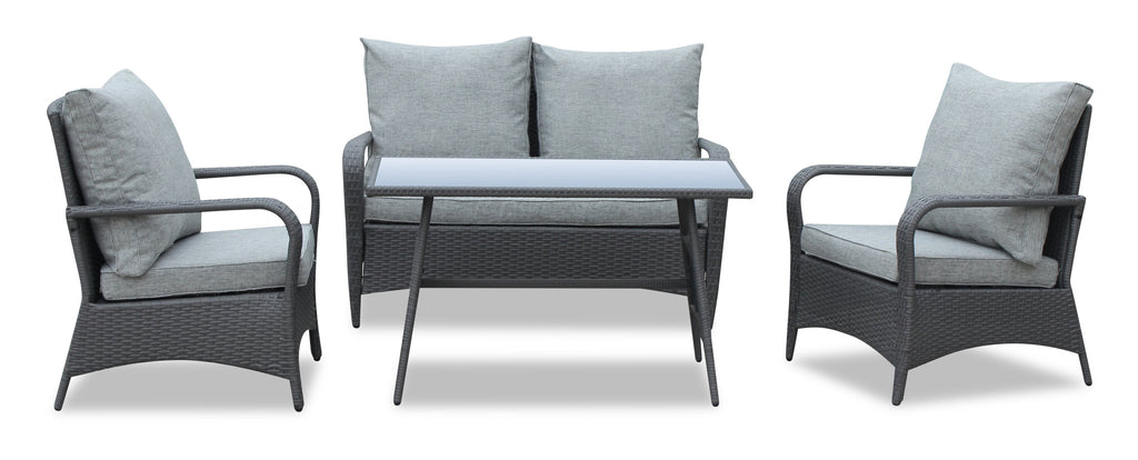 Nassau 4-Piece Outdoor Patio Set with Loveseat, 2 Chairs & Glass Top Coffee Table - Hand-Woven Resin Wicker, Olefin Fabric, UV & Weather Resistant - Grey | Ensemble de conversation Nassau 4 pièces - gris | NA2G4SET