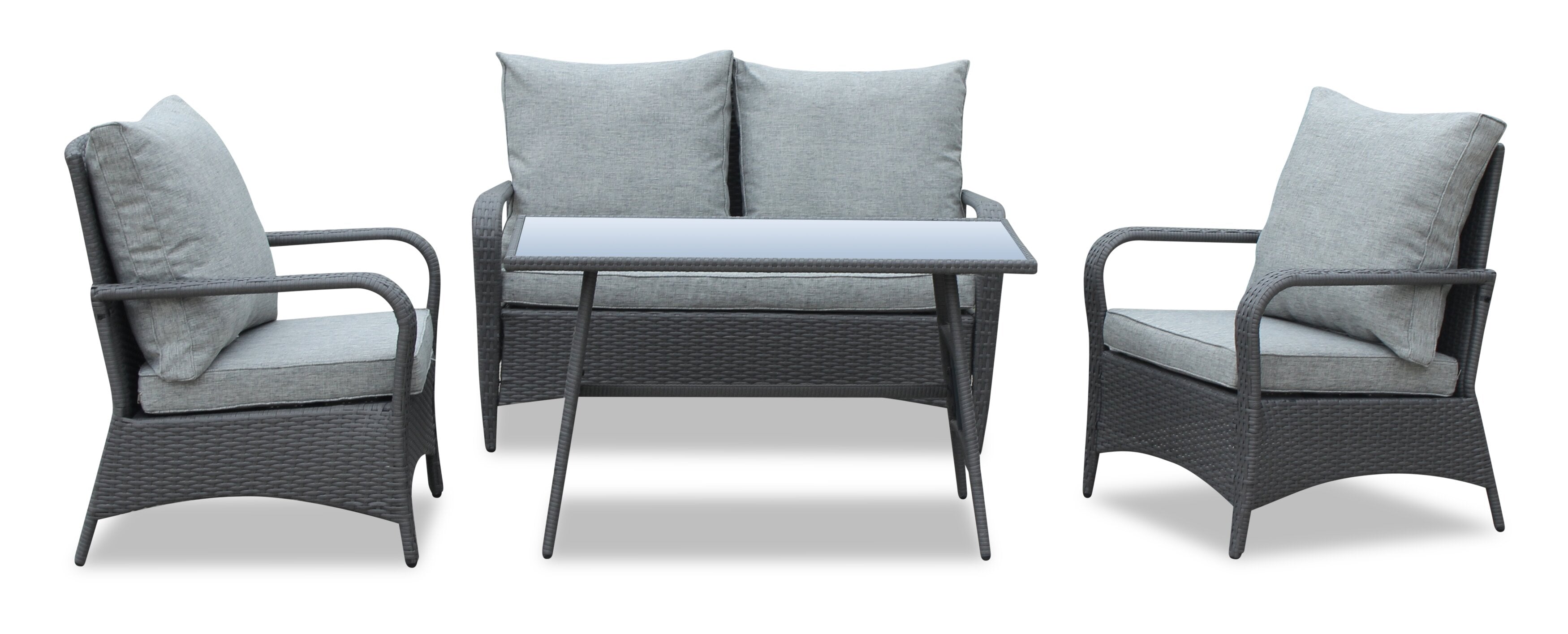 Nassau 4-Piece Outdoor Patio Set with Loveseat, 2 Chairs & Glass Top Coffee Table - Hand-Woven Resin Wicker, Olefin Fabric, UV & Weather Resistant - Grey | Ensemble de conversation Nassau 4 pièces - gris | NA2G4SET