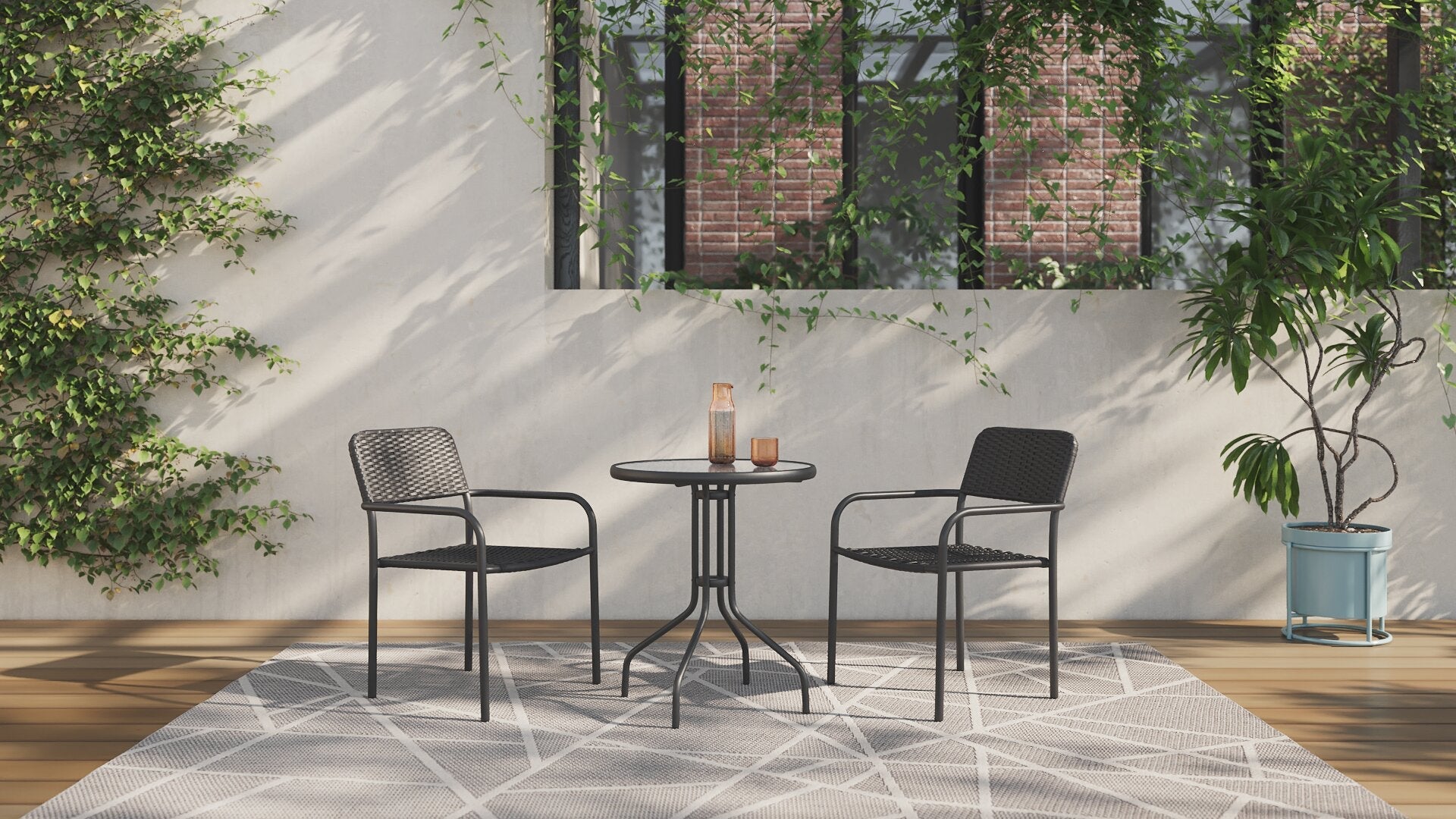 Paris Outdoor Patio Bistro Table - Round, Glass Table Top, Powder Coated Steel Frame - Black | Table bistro Paris pour la terrasse à l’extérieur - dessus de table rond en verre, armature en acier doté d’un revêtement en poudre - noire