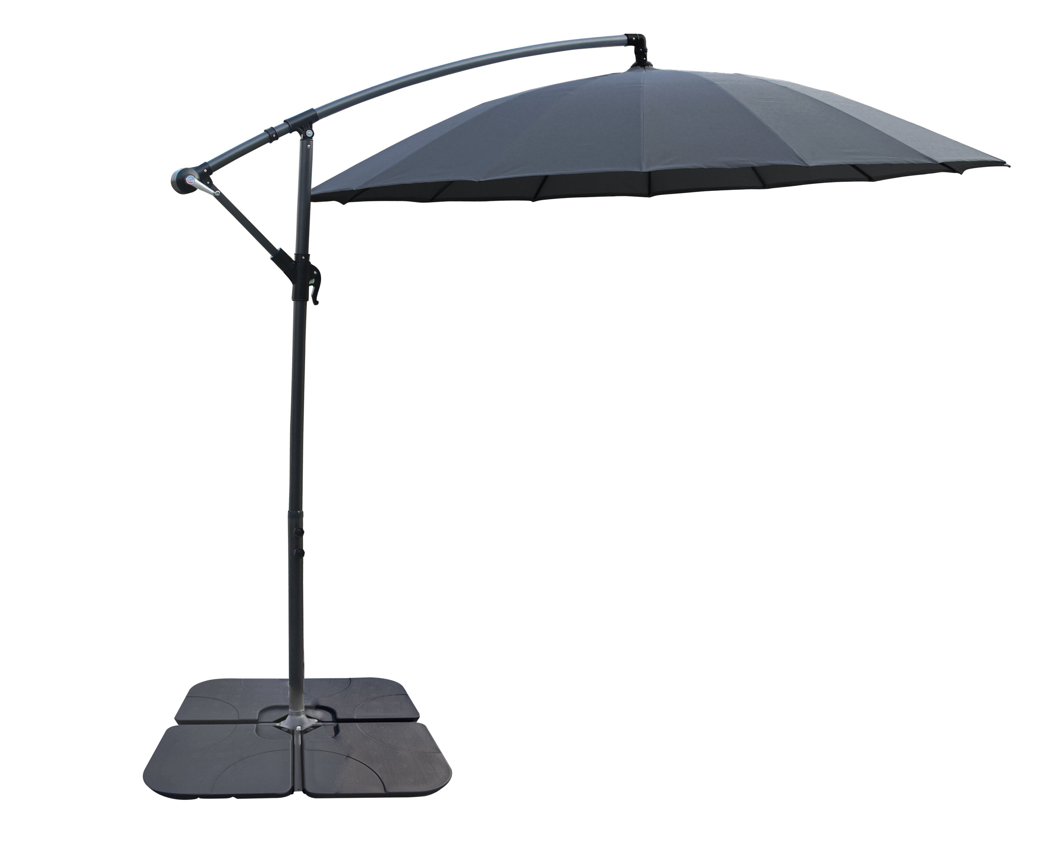 Shanghai Outdoor Patio Umbrella with Base - 114" W x 75"H, Weather Resistant Aluminum & Fibreglass, Hand Crank, Water/Sand Fill Attachable Base - Charcoal | Parasol Shanghai pour la terrasse avec base 4 pièces - anthracite | SHAN2CUP