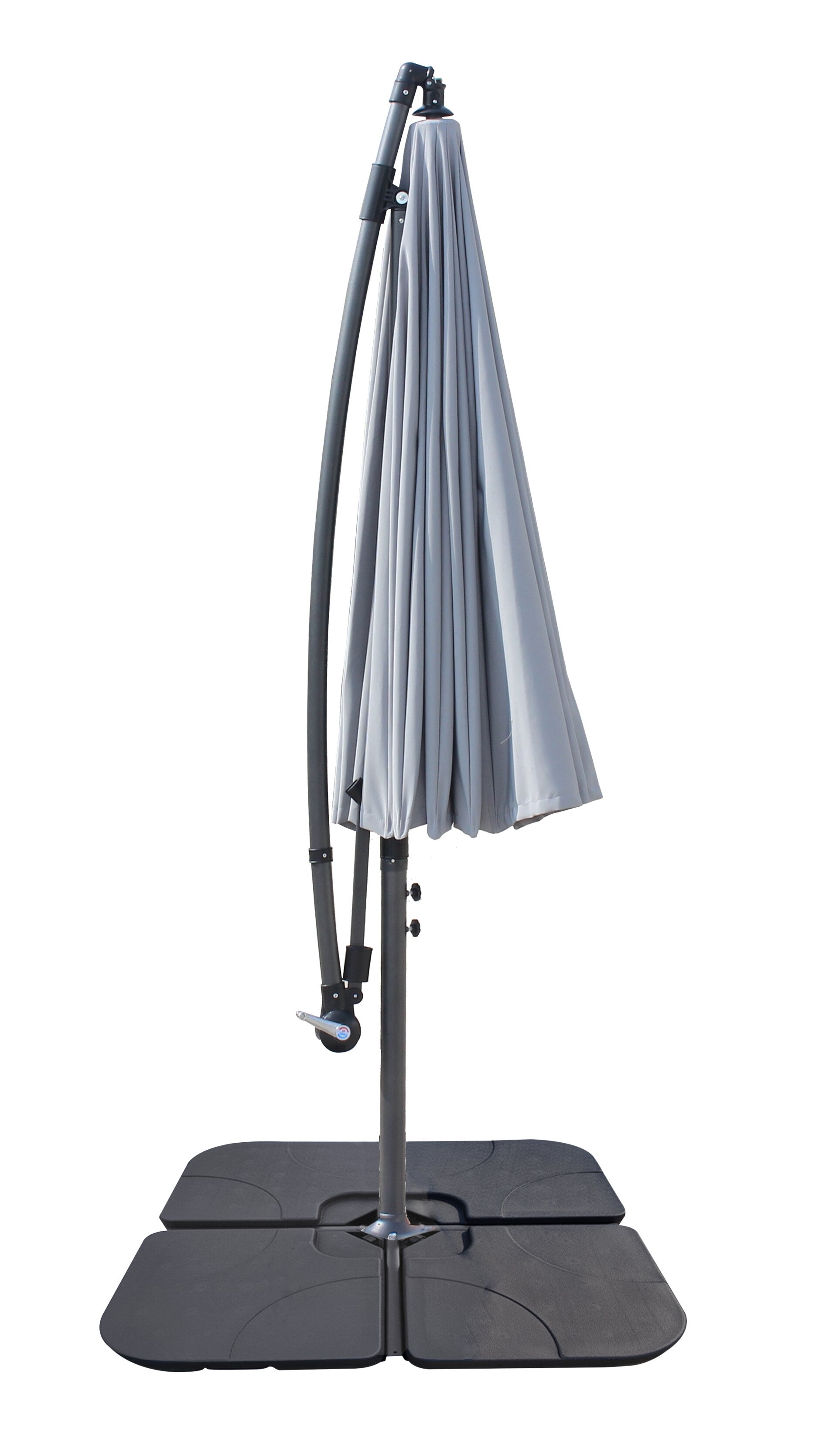 Shanghai Outdoor Patio Umbrella with Base - 114" W x 75"H, Weather Resistant Aluminum & Fibreglass, Hand Crank, Water/Sand Fill Attachable Base - Grey | Parasol Shanghai pour la terrasse avec base 4 pièces - gris | SHAN2GUP