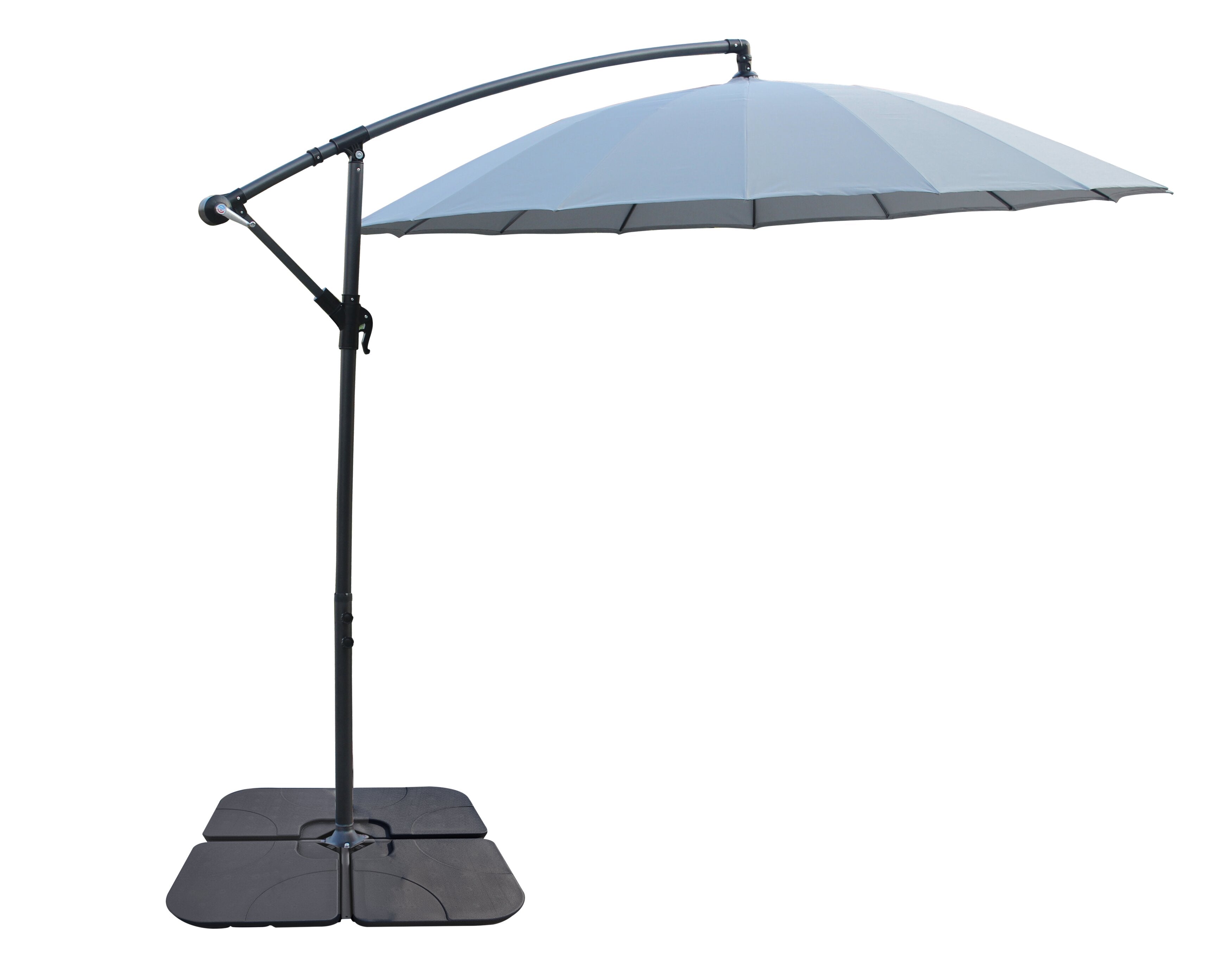 Shanghai Outdoor Patio Umbrella with Base - 114" W x 75"H, Weather Resistant Aluminum & Fibreglass, Hand Crank, Water/Sand Fill Attachable Base - Grey | Parasol Shanghai pour la terrasse avec base 4 pièces - gris | SHAN2GUP