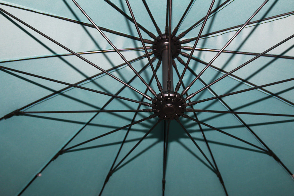 Shanghai Outdoor Patio Umbrella with Base - 114" W x 75"H, Weather Resistant Aluminum & Fibreglass, Hand Crank, Water/Sand Fill Attachable Base - Aqua | Parasol Shanghai pour la terrasse avec base 4 pièces - turquoise | SHAN2AUP
