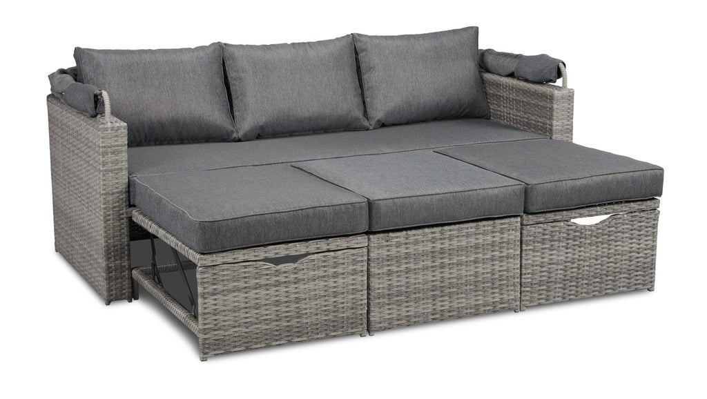 Cuba Canopy Outdoor Patio Conversation Set with Canopy Sofa, Ottoman & 2 Self-Storing Ottomans - Hand-Woven Resin Wicker, UV & Weather Resistant - Charcoal| Ensemble de 3 sièges à auvent Cuba pour la terrasse | CUBG3SET