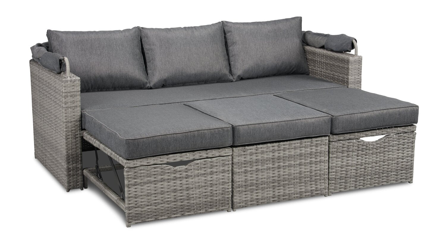 Cuba Canopy Outdoor Patio Conversation Set with Canopy Sofa, Ottoman & 2 Self-Storing Ottomans - Hand-Woven Resin Wicker, UV & Weather Resistant - Charcoal| Ensemble de 3 sièges à auvent Cuba pour la terrasse | CUBG3SET