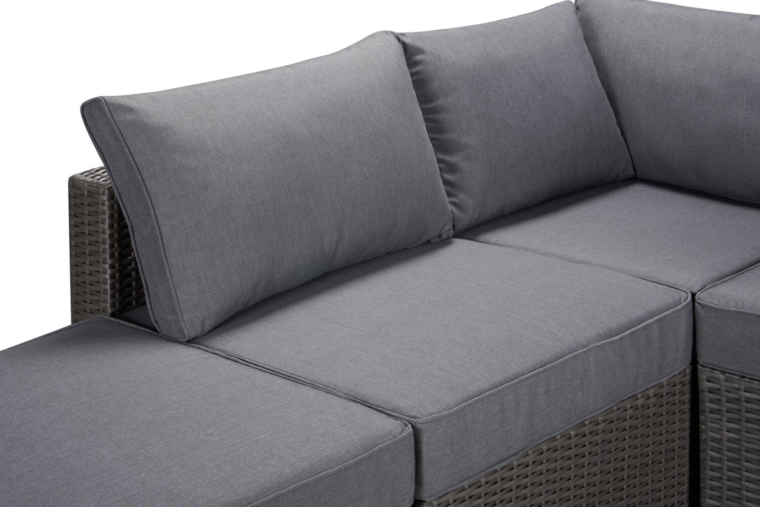 Morris 4-Piece Outdoor Patio Set with 2 Corner Chairs, 1 Armless Chair & Ottoman - Hand-Woven Resin Wicker, Olefin Fabric, UV & Weather Resistant - Grey | Ensemble Morris 4 pièces pour la terrasse | MORRG0P4
