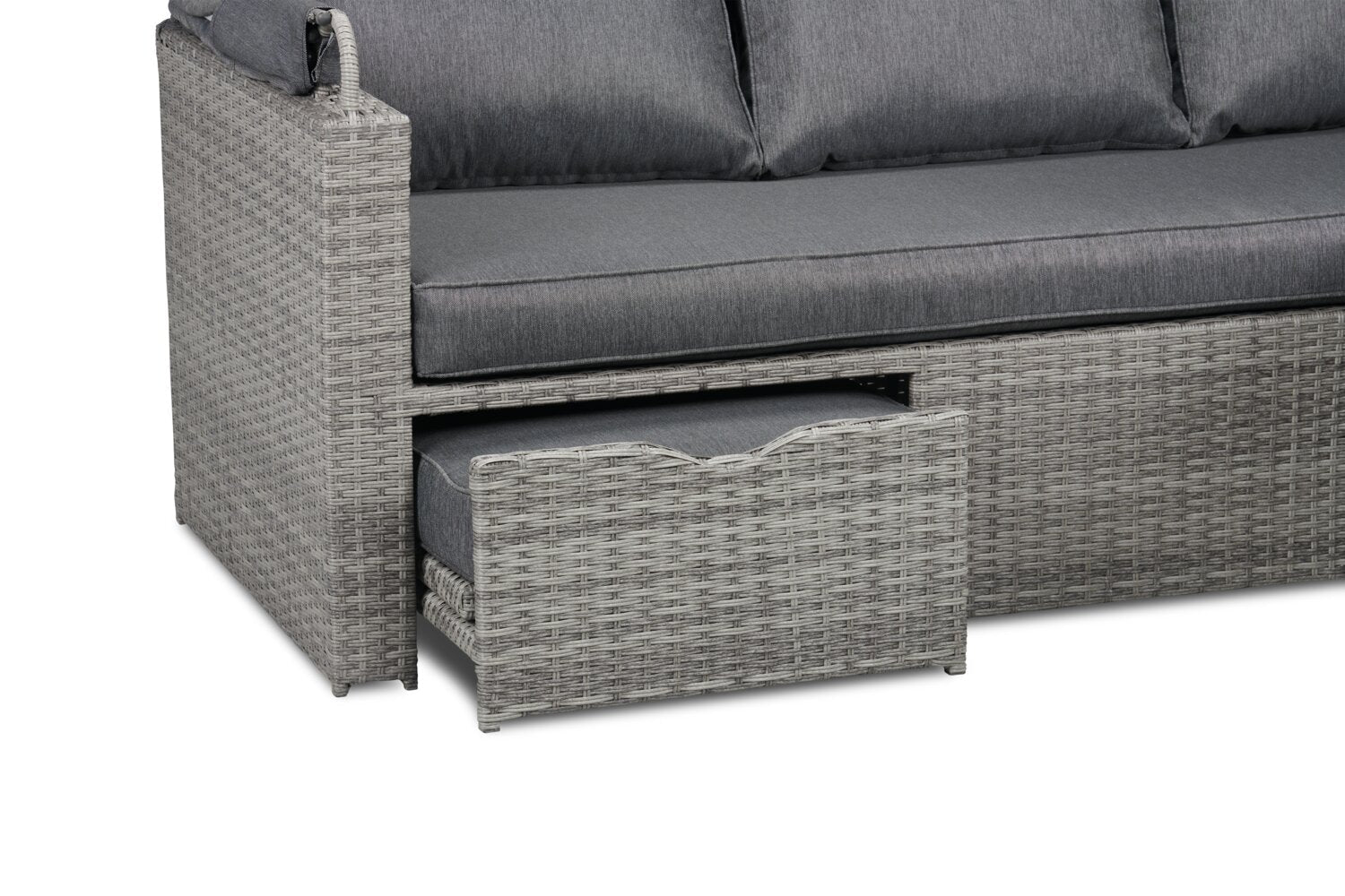 Cuba Canopy Outdoor Patio Conversation Set with Canopy Sofa, Ottoman & 2 Self-Storing Ottomans - Hand-Woven Resin Wicker, UV & Weather Resistant - Charcoal| Ensemble de 3 sièges à auvent Cuba pour la terrasse | CUBG3SET