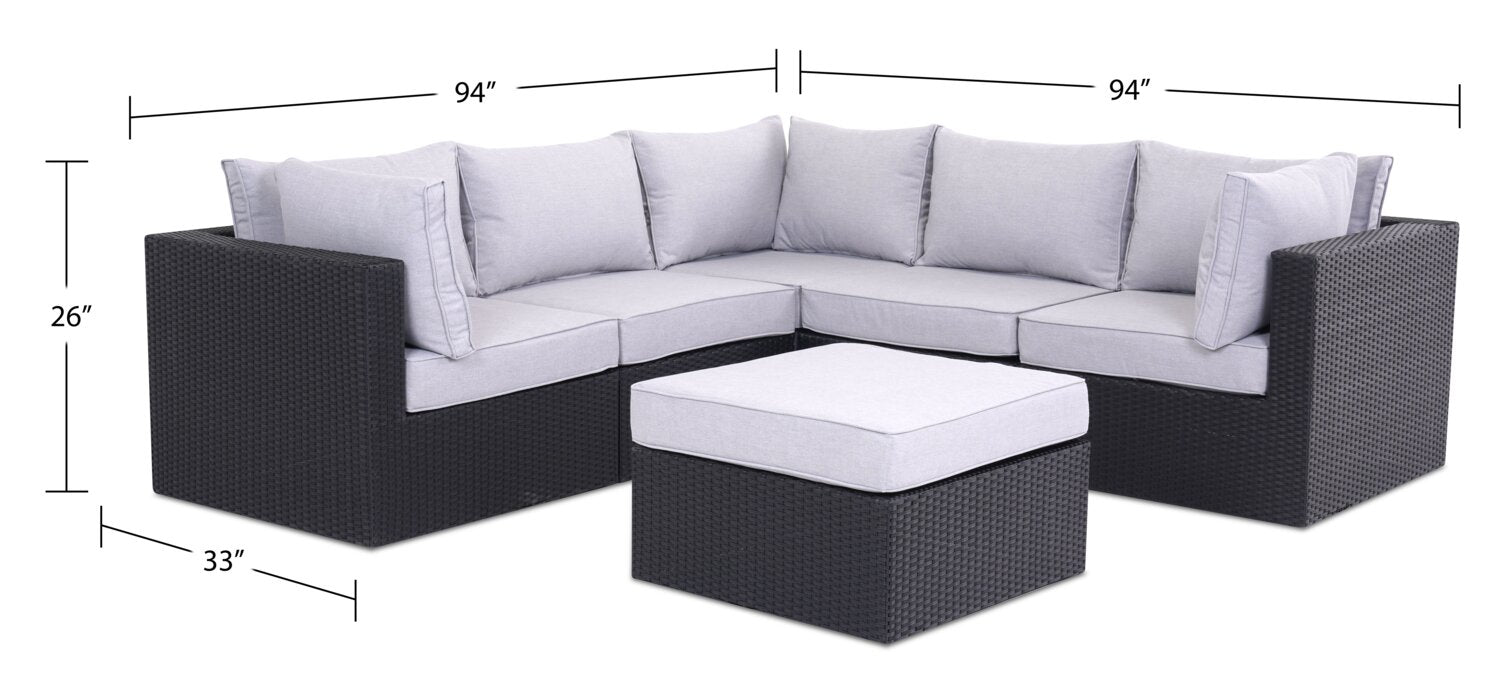 Minnesota 6-Piece Outdoor Patio Set with 3 Corner Chairs, 2 Armless Chairs & Ottoman - Hand-Woven Resin Wicker, Olefin Fabric, UV & Weather Resistant - Grey | Ensemble Minnesota 6 pièces pour la terrasse - gris | MIN2GPK6
