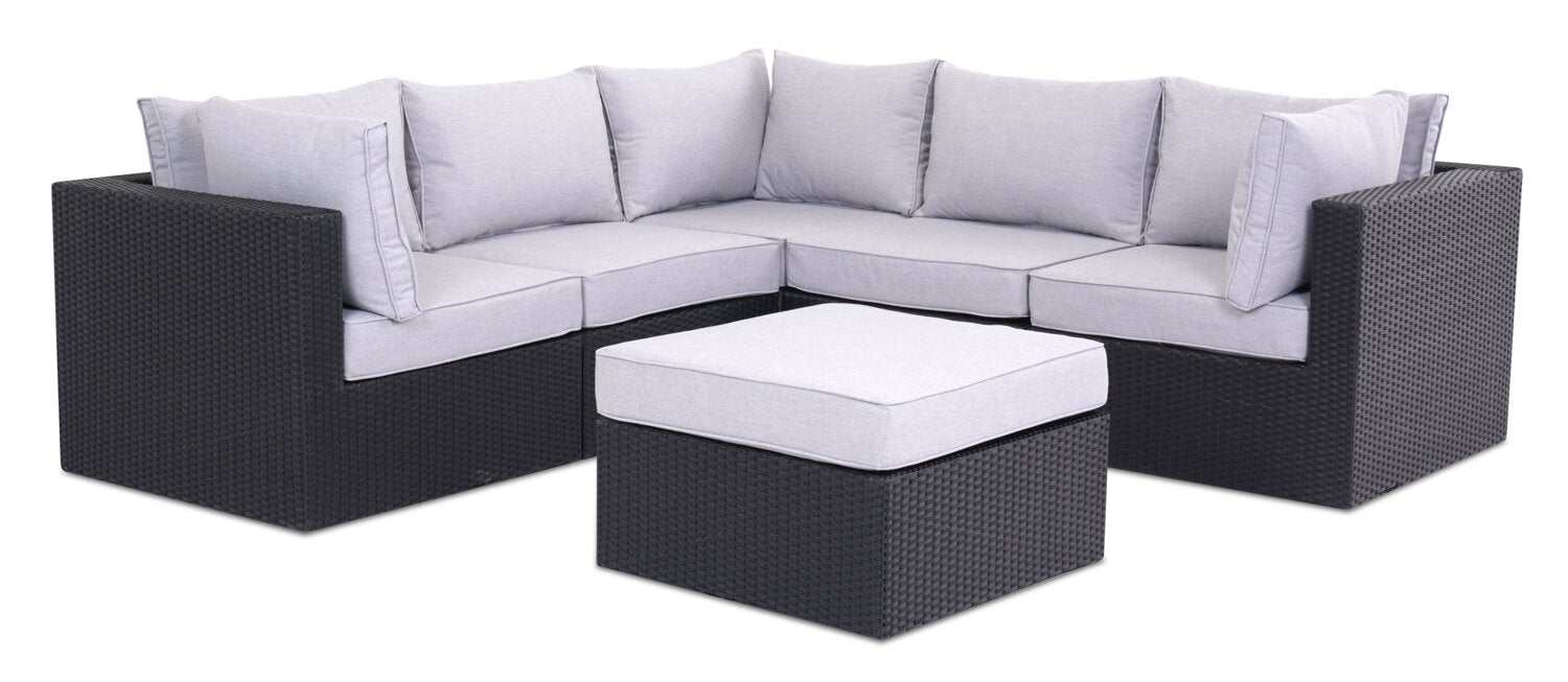 Minnesota 6-Piece Outdoor Patio Set with 3 Corner Chairs, 2 Armless Chairs & Ottoman - Hand-Woven Resin Wicker, Olefin Fabric, UV & Weather Resistant - Grey | Ensemble Minnesota 6 pièces pour la terrasse - gris | MIN2GPK6