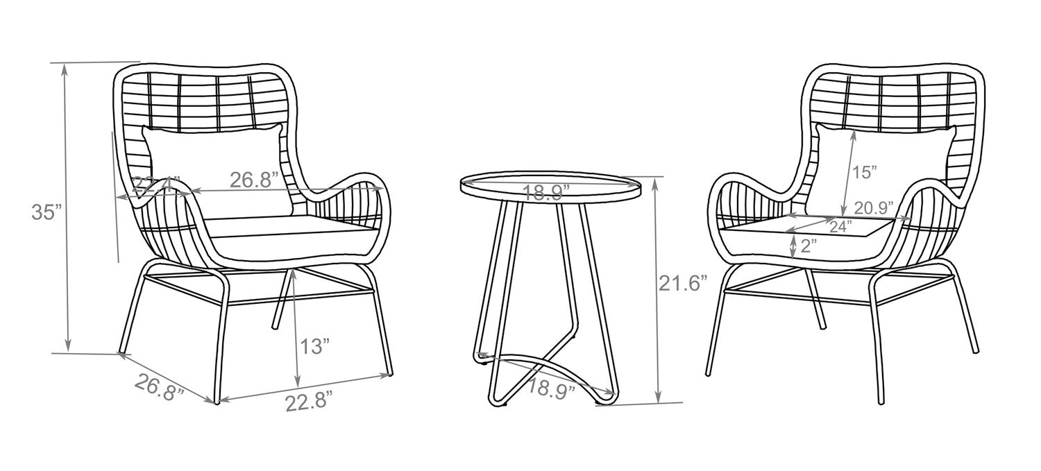 Maki 3-Piece Outdoor Patio Conversation Set with 2 Chairs & Round Metal End Table - Hand-Woven Resin Wicker, UV & Weather Resistant - Natural| Coin-repas pour la terrasse Maki 3 pièces | MAKI3SET