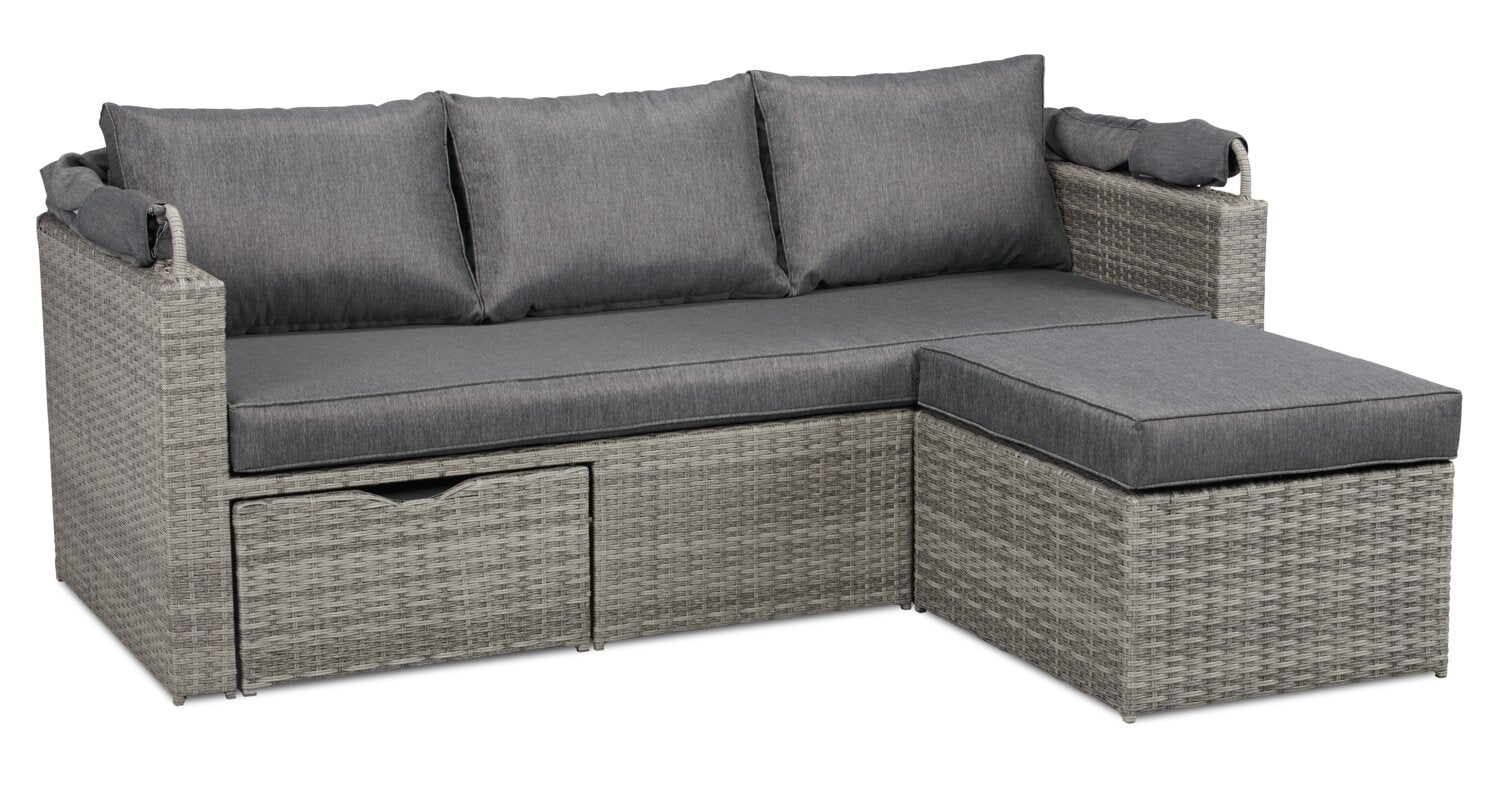 Cuba Canopy Outdoor Patio Conversation Set with Canopy Sofa, Ottoman & 2 Self-Storing Ottomans - Hand-Woven Resin Wicker, UV & Weather Resistant - Charcoal| Ensemble de 3 sièges à auvent Cuba pour la terrasse | CUBG3SET