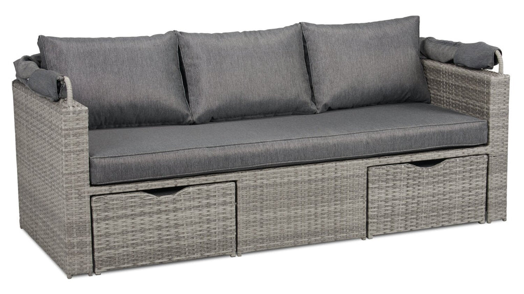 Cuba Canopy Outdoor Patio Conversation Set with Canopy Sofa, Ottoman & 2 Self-Storing Ottomans - Hand-Woven Resin Wicker, UV & Weather Resistant - Charcoal| Ensemble de 3 sièges à auvent Cuba pour la terrasse | CUBG3SET