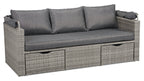 Cuba Canopy Outdoor Patio Conversation Set with Canopy Sofa, Ottoman & 2 Self-Storing Ottomans - Hand-Woven Resin Wicker, UV & Weather Resistant - Charcoal| Ensemble de 3 sièges à auvent Cuba pour la terrasse | CUBG3SET