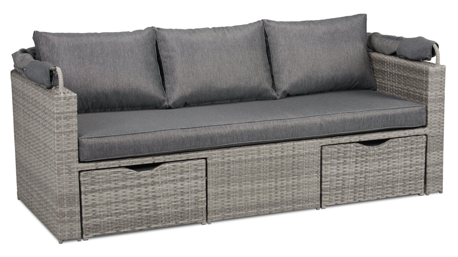 Cuba Canopy Outdoor Patio Conversation Set with Canopy Sofa, Ottoman & 2 Self-Storing Ottomans - Hand-Woven Resin Wicker, UV & Weather Resistant - Charcoal| Ensemble de 3 sièges à auvent Cuba pour la terrasse | CUBG3SET
