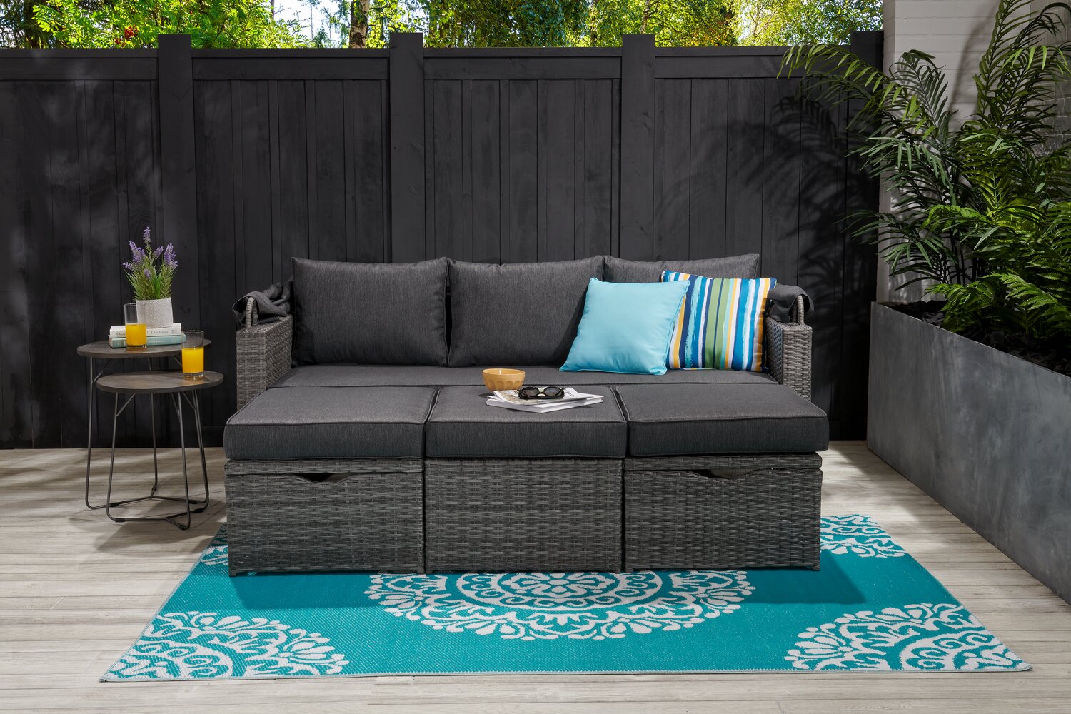 Cuba Canopy Outdoor Patio Conversation Set with Canopy Sofa, Ottoman & 2 Self-Storing Ottomans - Hand-Woven Resin Wicker, UV & Weather Resistant - Charcoal| Ensemble de 3 sièges à auvent Cuba pour la terrasse | CUBG3SET