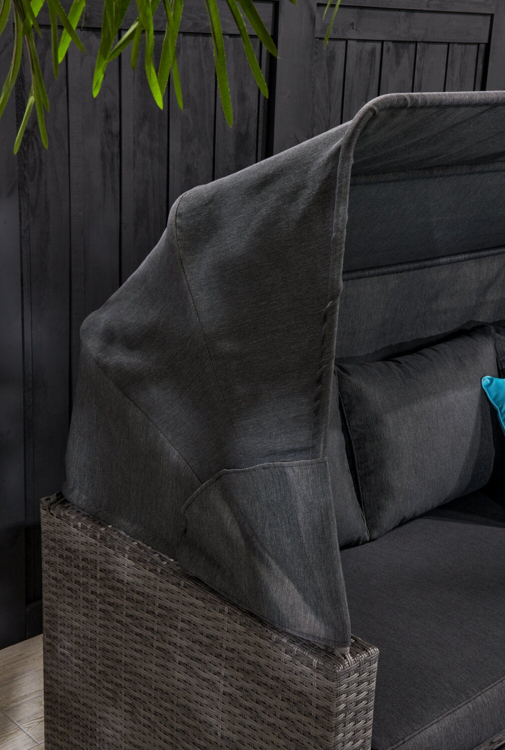 Cuba Canopy Outdoor Patio Conversation Set with Canopy Sofa, Ottoman & 2 Self-Storing Ottomans - Hand-Woven Resin Wicker, UV & Weather Resistant - Charcoal| Ensemble de 3 sièges à auvent Cuba pour la terrasse | CUBG3SET