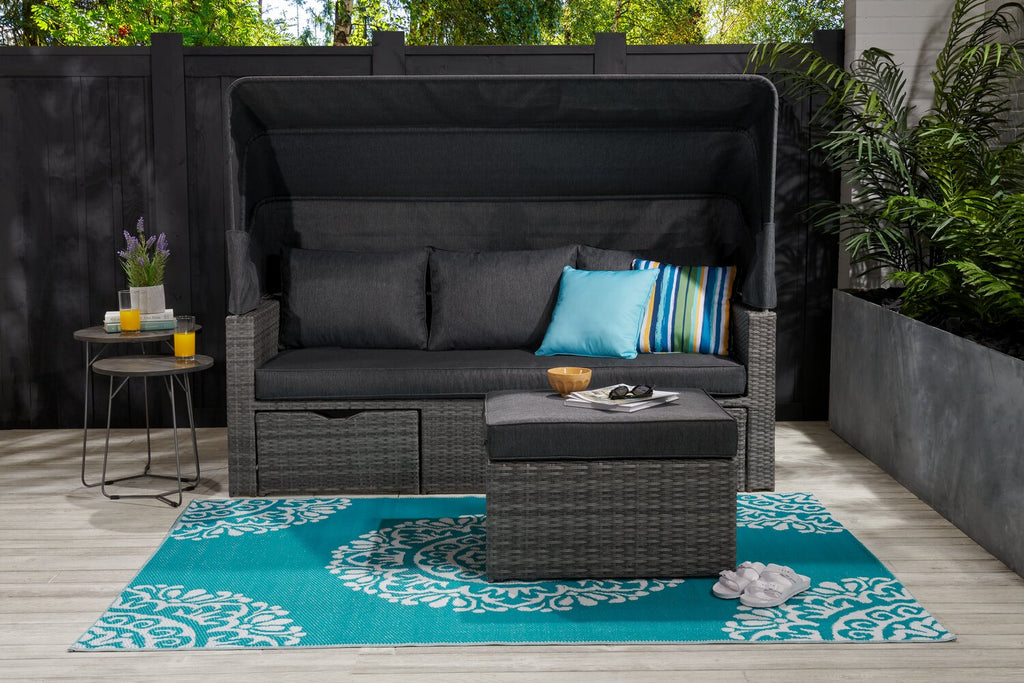 Cuba Canopy Outdoor Patio Conversation Set with Canopy Sofa, Ottoman & 2 Self-Storing Ottomans - Hand-Woven Resin Wicker, UV & Weather Resistant - Charcoal| Ensemble de 3 sièges à auvent Cuba pour la terrasse | CUBG3SET