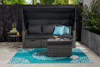 Cuba Canopy Outdoor Patio Conversation Set with Canopy Sofa, Ottoman & 2 Self-Storing Ottomans - Hand-Woven Resin Wicker, UV & Weather Resistant - Charcoal| Ensemble de 3 sièges à auvent Cuba pour la terrasse | CUBG3SET
