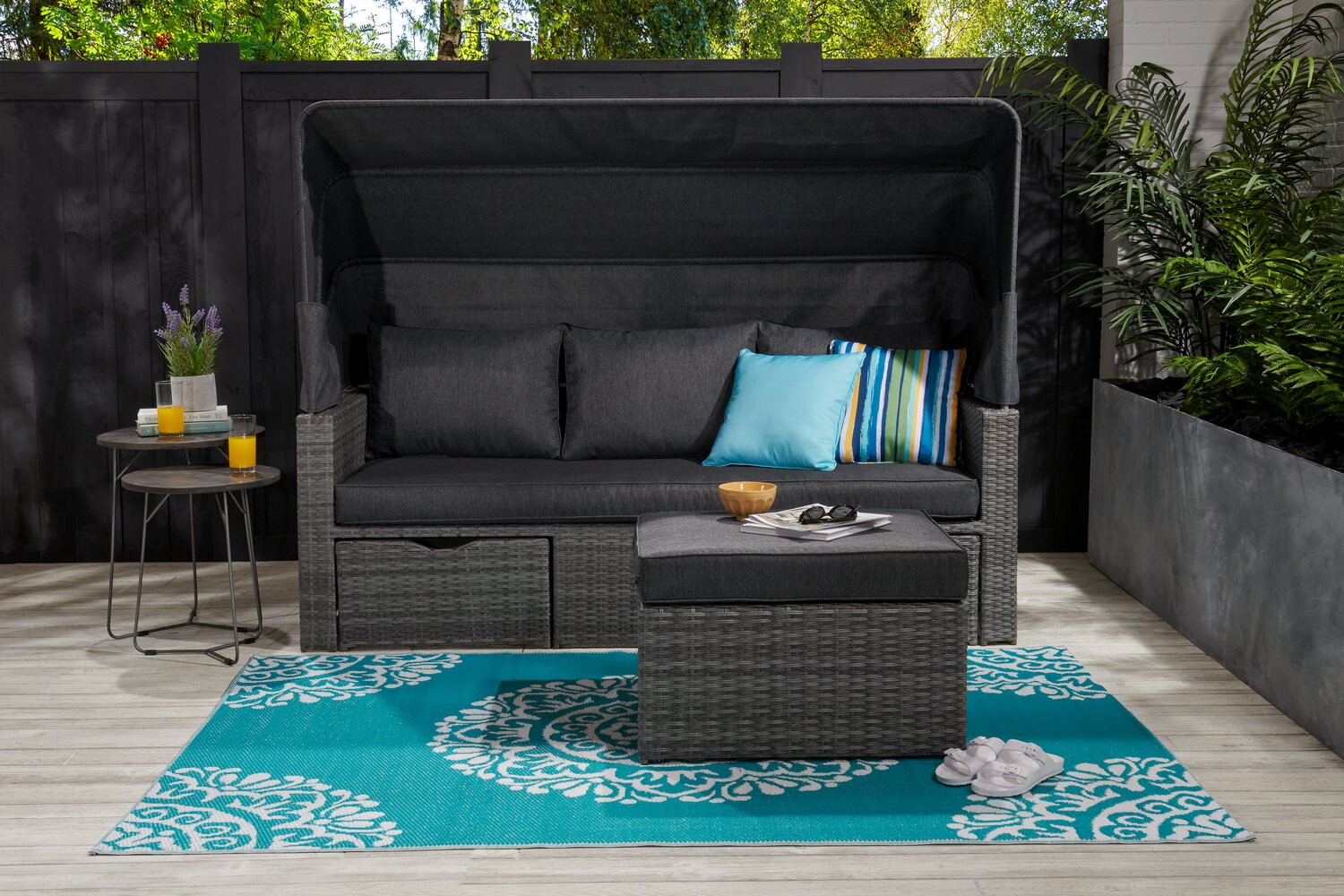 Cuba Canopy Outdoor Patio Conversation Set with Canopy Sofa, Ottoman & 2 Self-Storing Ottomans - Hand-Woven Resin Wicker, UV & Weather Resistant - Charcoal| Ensemble de 3 sièges à auvent Cuba pour la terrasse | CUBG3SET