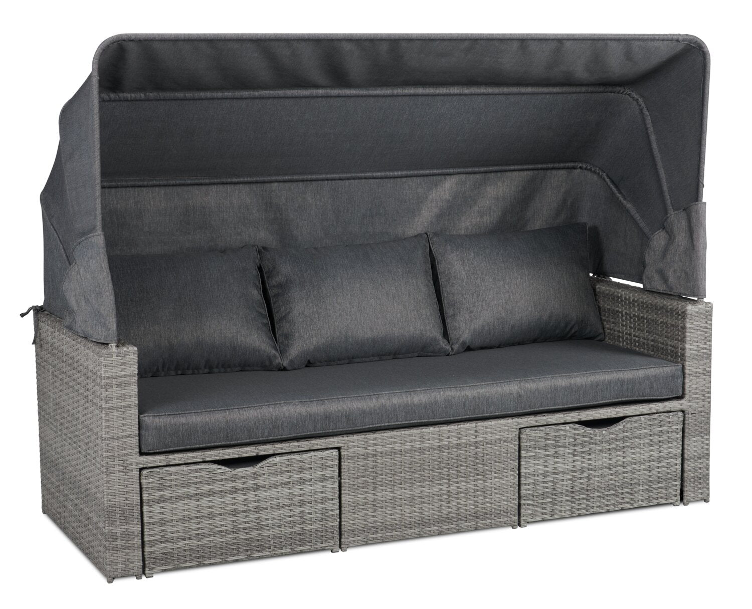 Cuba Canopy Outdoor Patio Conversation Set with Canopy Sofa, Ottoman & 2 Self-Storing Ottomans - Hand-Woven Resin Wicker, UV & Weather Resistant - Charcoal| Ensemble de 3 sièges à auvent Cuba pour la terrasse | CUBG3SET