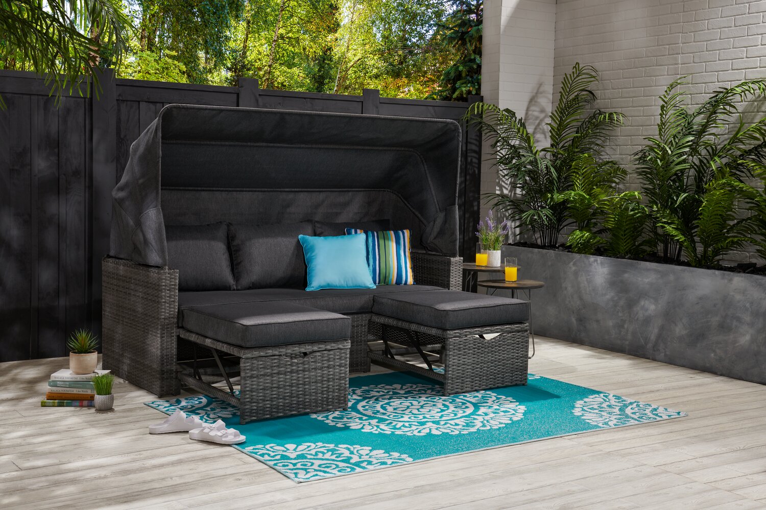 Cuba Canopy Outdoor Patio Conversation Set with Canopy Sofa, Ottoman & 2 Self-Storing Ottomans - Hand-Woven Resin Wicker, UV & Weather Resistant - Charcoal| Ensemble de 3 sièges à auvent Cuba pour la terrasse | CUBG3SET