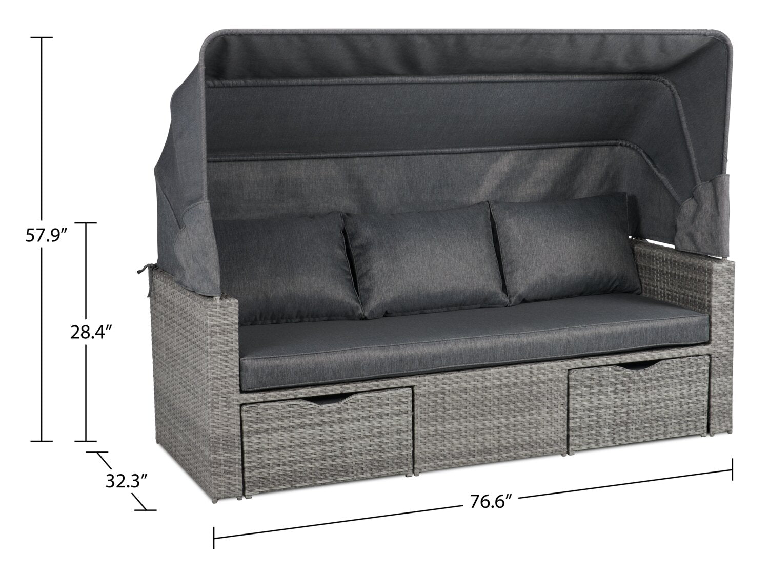 Cuba Canopy Outdoor Patio Conversation Set with Canopy Sofa, Ottoman & 2 Self-Storing Ottomans - Hand-Woven Resin Wicker, UV & Weather Resistant - Charcoal| Ensemble de 3 sièges à auvent Cuba pour la terrasse | CUBG3SET