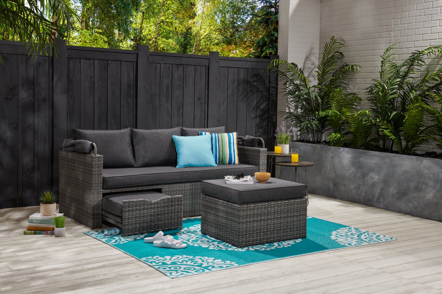 Cuba Canopy Outdoor Patio Conversation Set with Canopy Sofa, Ottoman & 2 Self-Storing Ottomans - Hand-Woven Resin Wicker, UV & Weather Resistant - Charcoal| Ensemble de 3 sièges à auvent Cuba pour la terrasse | CUBG3SET