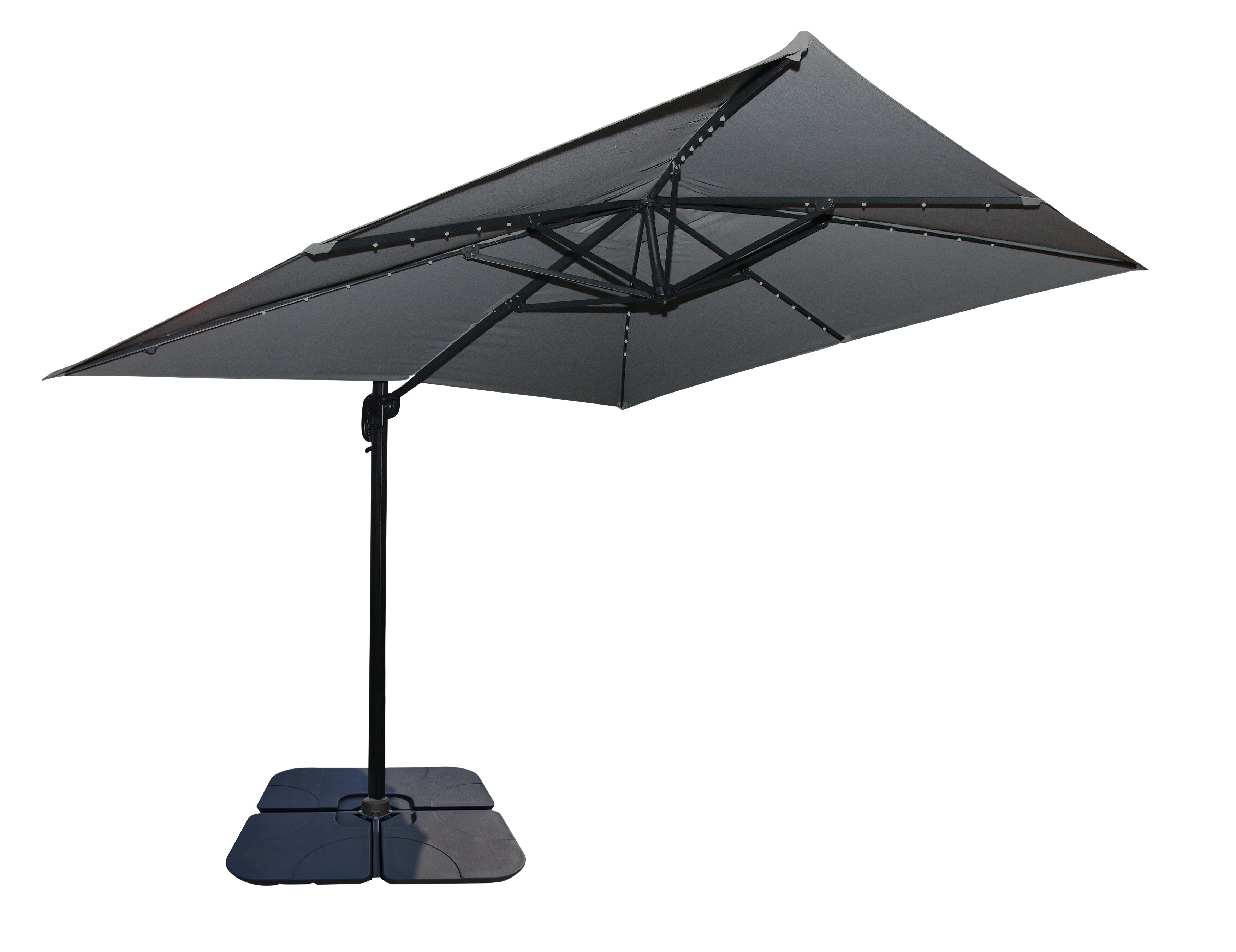 Solar Cantilevered Patio Umbrella with Base - 137"W x 84"H, Steel, Hand Crank, Water/Sand Fill Attachable Base, Built-in LED Lights - Grey | Parasol excentré Solar pour la terrasse avec base 4 pièces | SOLA2GUP