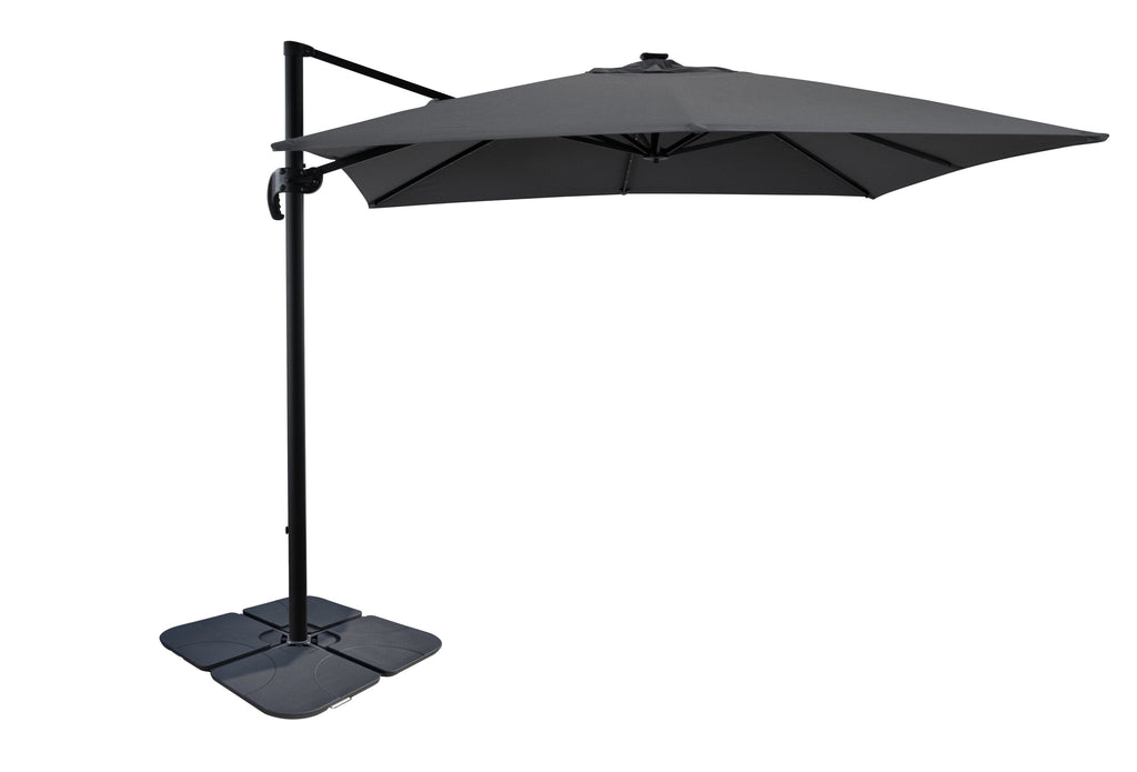 Solar Cantilevered Patio Umbrella with Base - 137"W x 84"H, Steel, Hand Crank, Water/Sand Fill Attachable Base, Built-in LED Lights - Grey | Parasol excentré Solar pour la terrasse avec base 4 pièces | SOLA2GUP