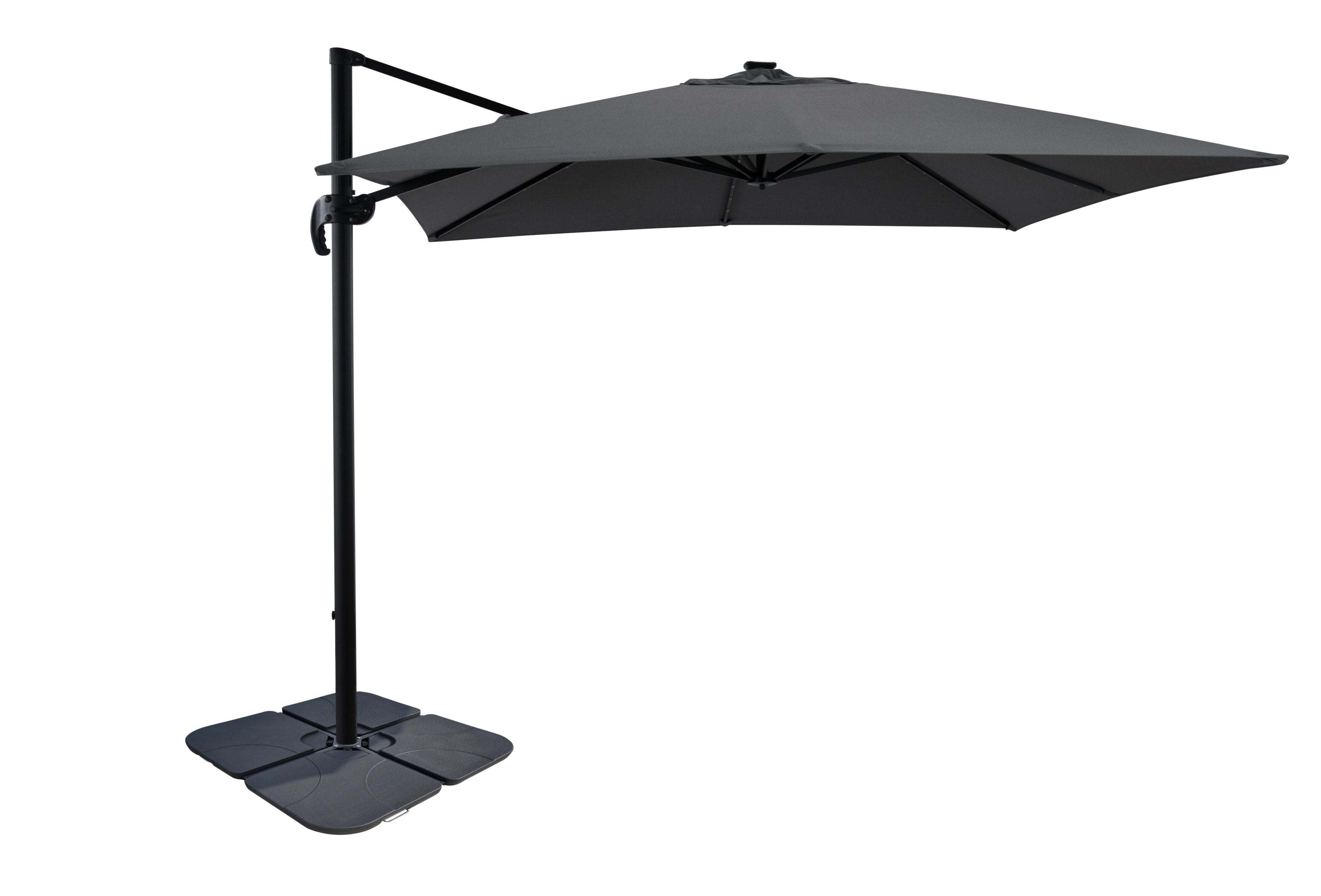 Solar Cantilevered Patio Umbrella with Base - 137"W x 84"H, Steel, Hand Crank, Water/Sand Fill Attachable Base, Built-in LED Lights - Grey | Parasol excentré Solar pour la terrasse avec base 4 pièces | SOLA2GUP