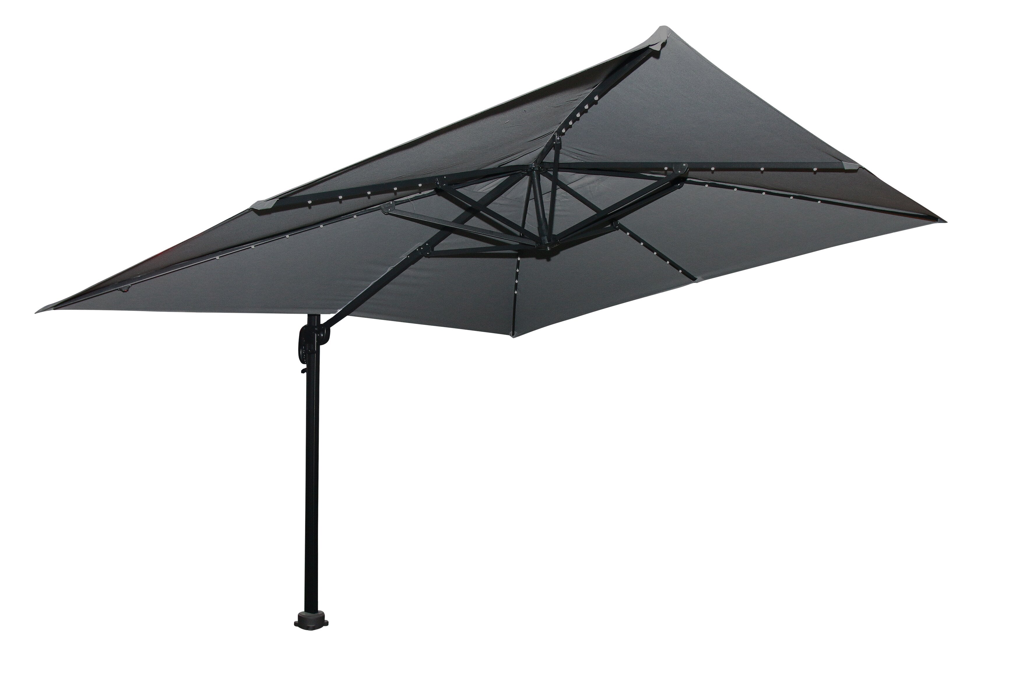 Solar Cantilevered Patio Umbrella - 137"W x 84"H, Steel, Hand Crank, Built-in LED Lights - Grey|Parasol excentré Solar pour la terrasse, 137 po (L) x 84 po (H), acier, manivelle, éclairage à DEL intégré - gris