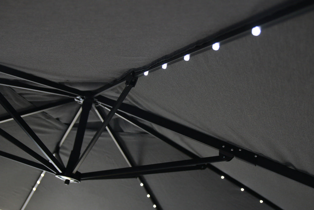 Solar Cantilevered Patio Umbrella with Base - 137"W x 84"H, Steel, Hand Crank, Water/Sand Fill Attachable Base, Built-in LED Lights - Grey | Parasol excentré Solar pour la terrasse avec base 4 pièces | SOLA2GUP