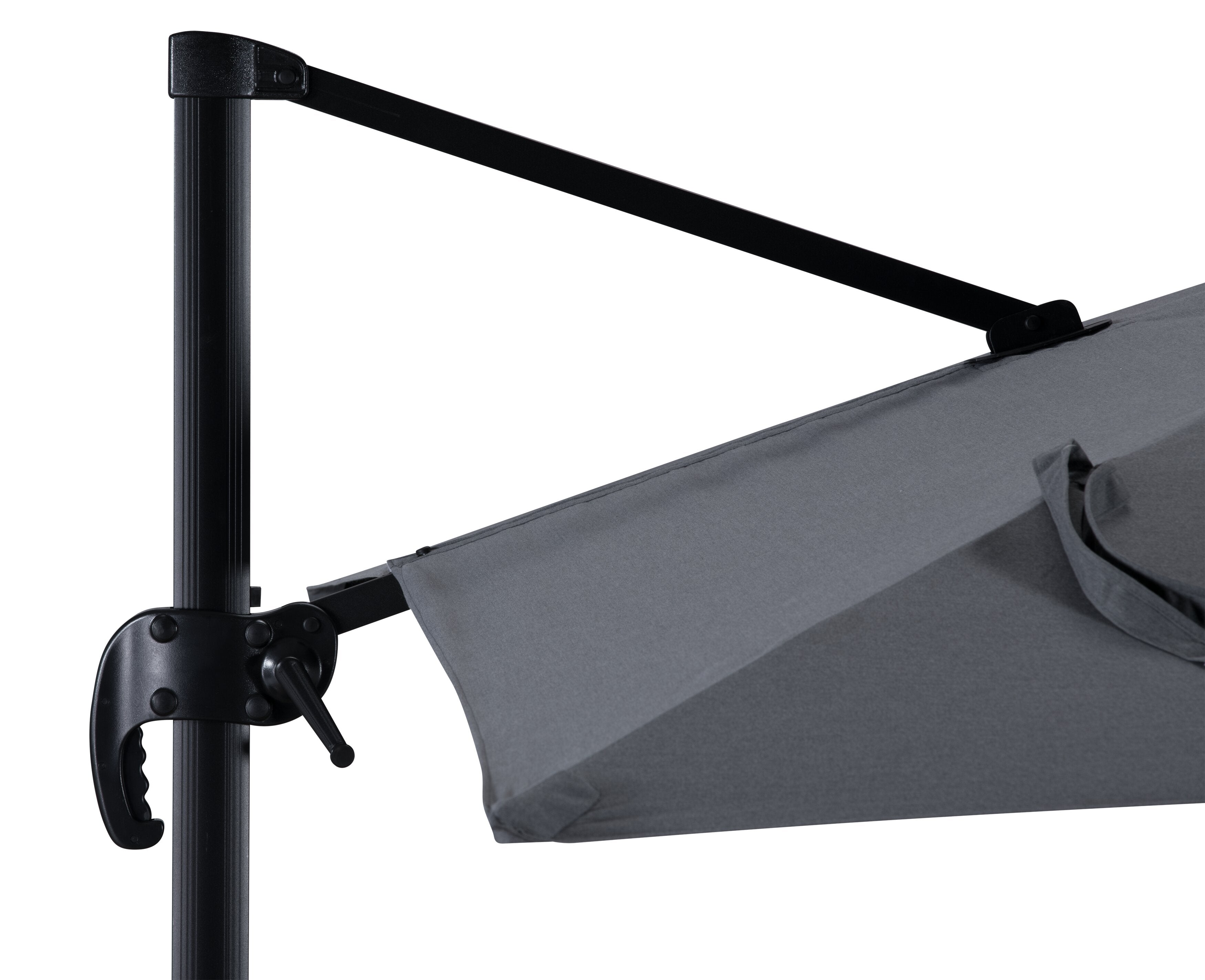Solar Cantilevered Patio Umbrella - 137"W x 84"H, Steel, Hand Crank, Built-in LED Lights - Grey|Parasol excentré Solar pour la terrasse, 137 po (L) x 84 po (H), acier, manivelle, éclairage à DEL intégré - gris